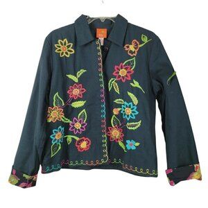 Hearts of Palm Womens Floral Embroidered Trapeze Jacket Black Mirrors Mature Sz8